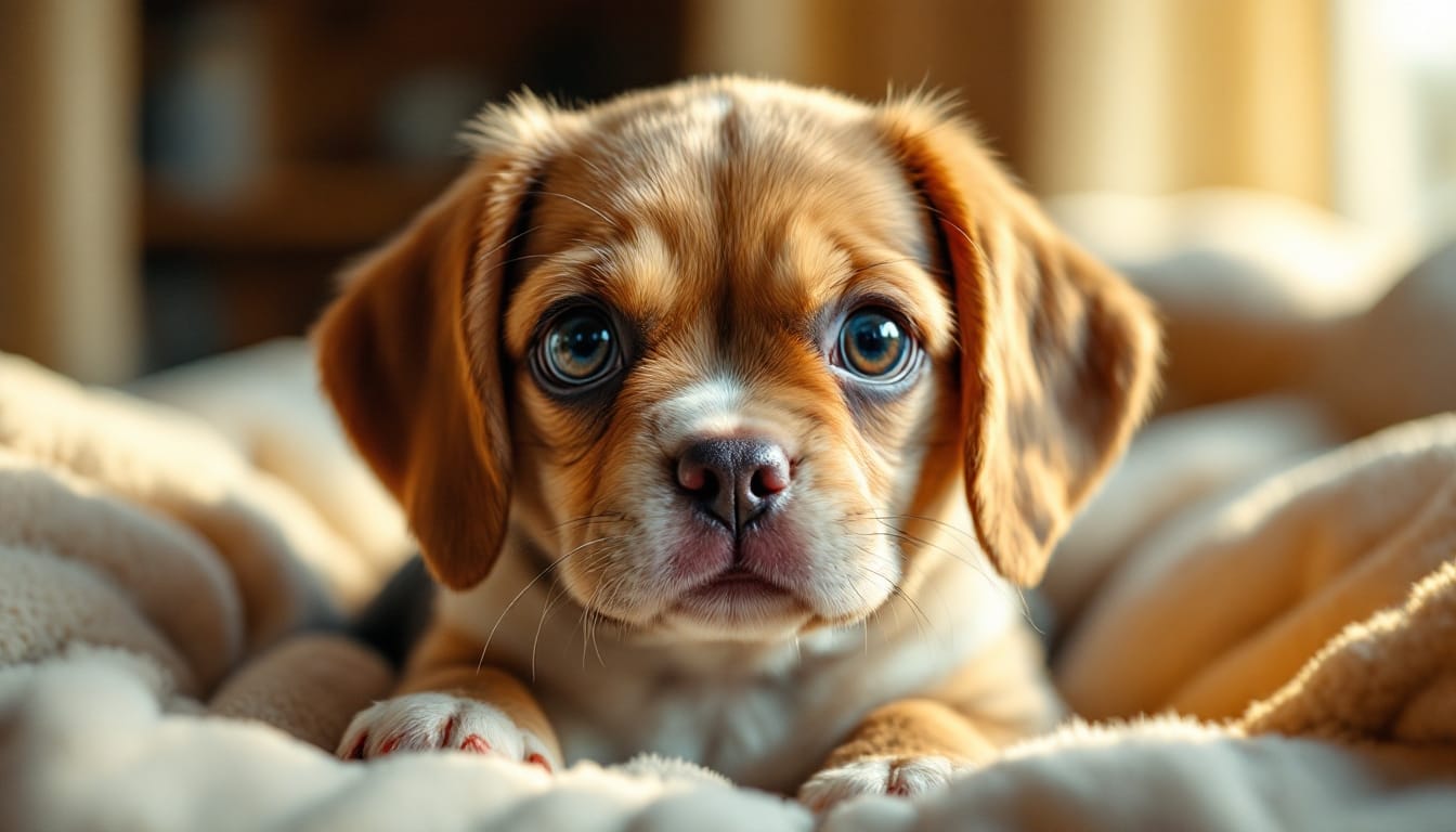 Puggle puppy with big eyes and brown ears