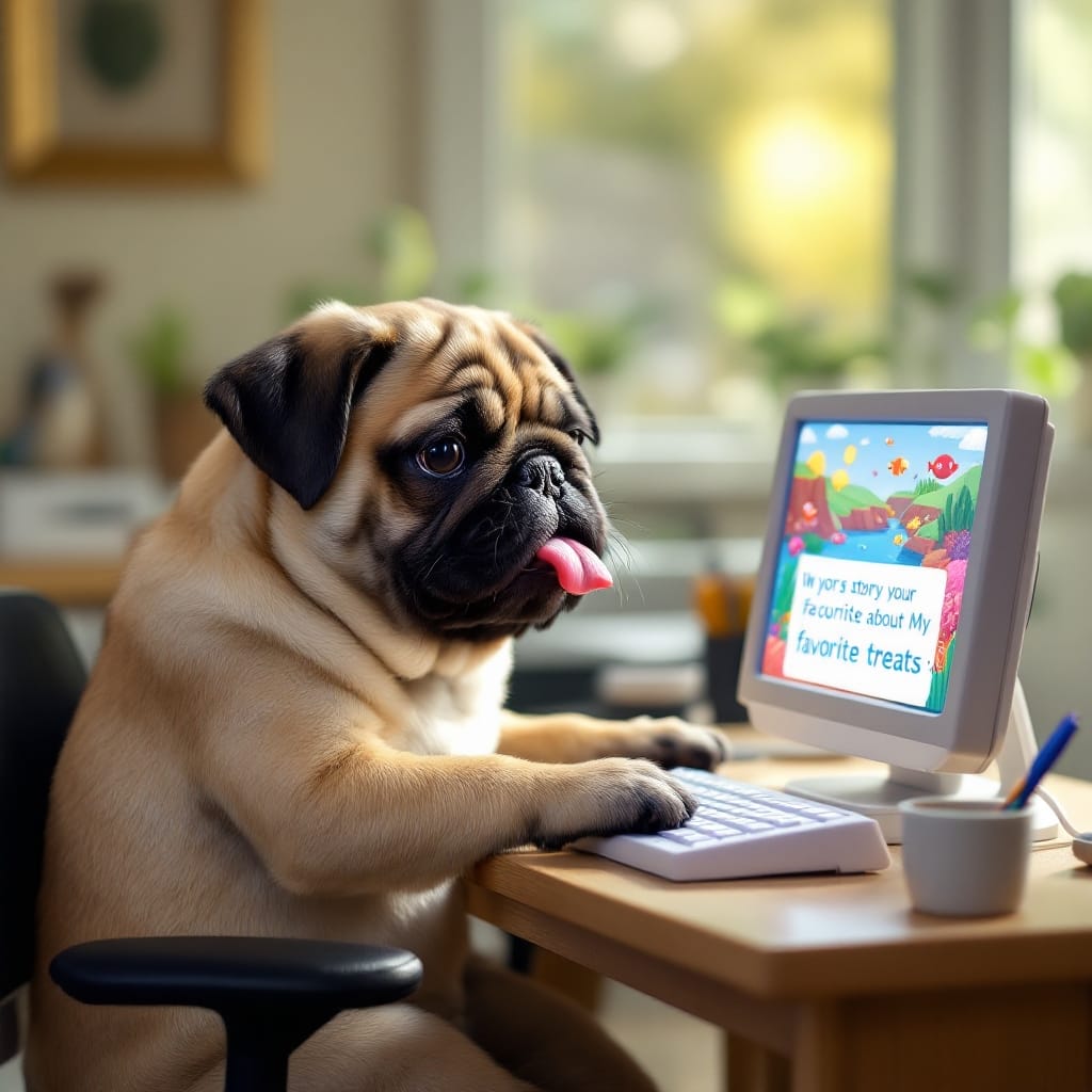 Pug typing a blog on a computer with his tongue out