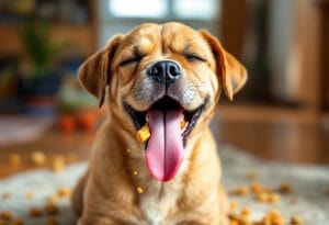 Brown puggle eating food with his eyes closed