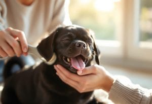 Happy black puggle being brushed