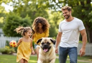 Happy family playing with their puggle