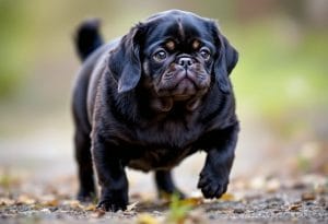 Overweight black puggle walking