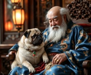 Pug sitting on Chinese aristocrat's lap